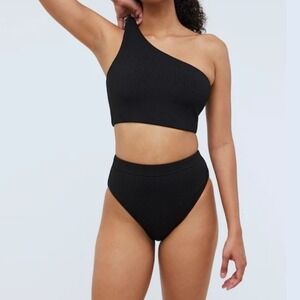 NEW Madewell Second Wave Ribbed One-Shoulder Longline Bikini Top Black Small